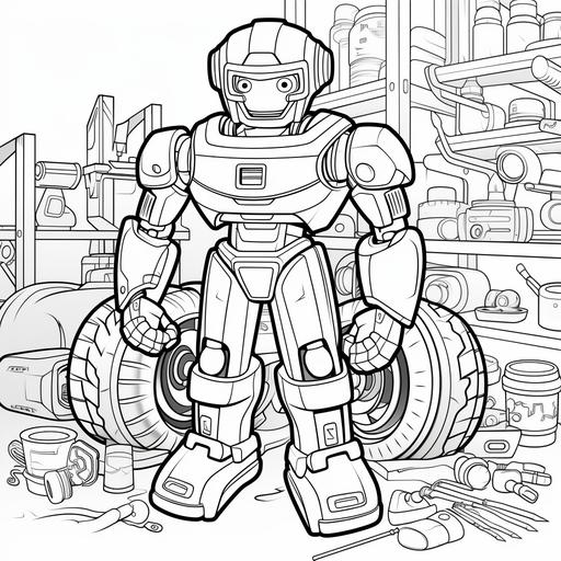 coloring page for kids, robot, car, mechanic's tools, cartoon style,thick lines, low detail, no shading –ar9:11