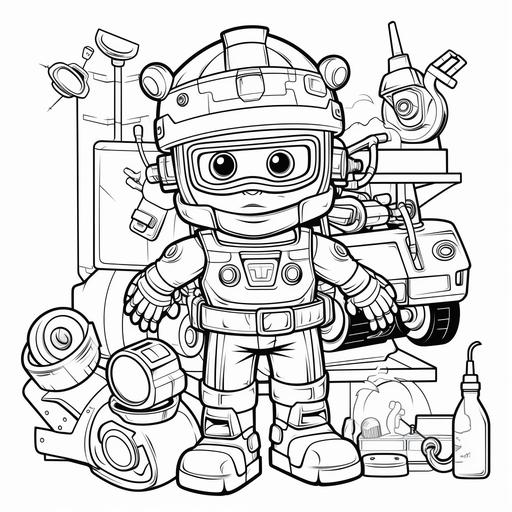 coloring page for kids, robot, car, mechanic's tools, cartoon style,thick lines, low detail, no shading –ar9:11