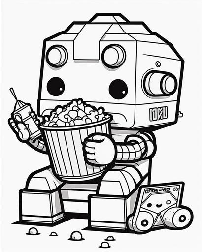 coloring page for kids, robot eating popcorn , cartoon style, low detail, thick lines, no shading --ar 9:11