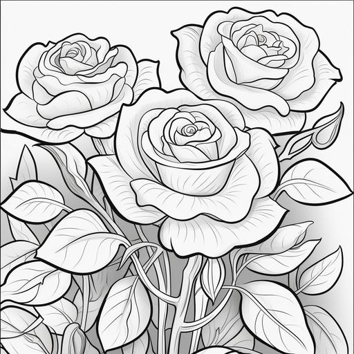 coloring page for kids, rose bushes, cartoon style, thick lines, low detail, no shading--ar 9:11