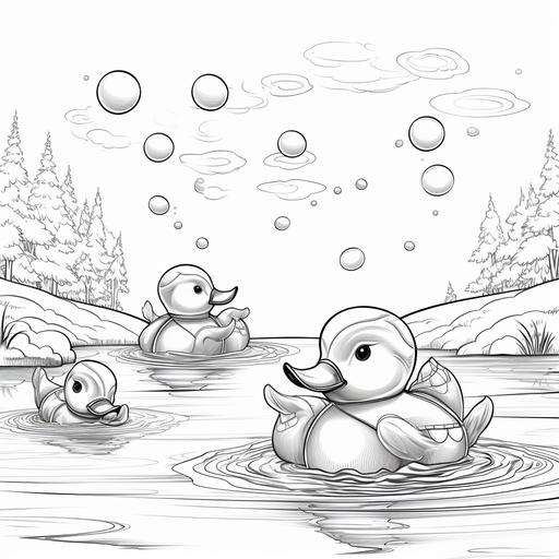 coloring page for kids, rubber ducks and bubbles, cartoon style, thick lines, no shading--ar9:11