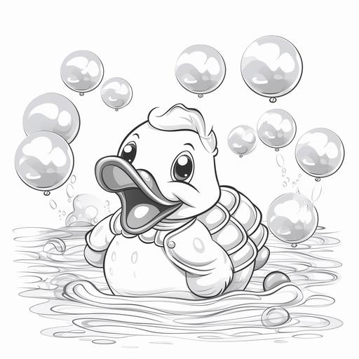 coloring page for kids, rubber ducks and bubbles, cartoon style, thick lines, no shading--ar9:11