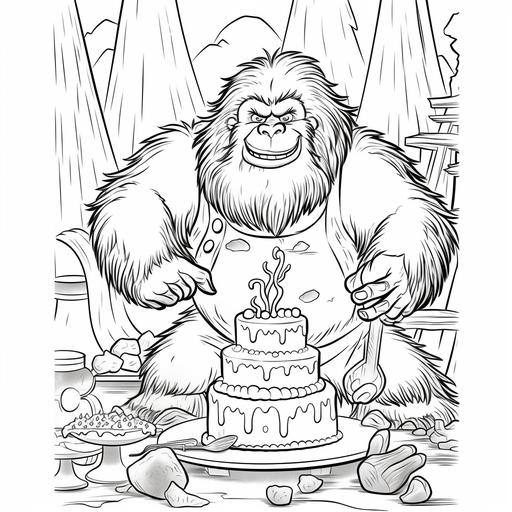 coloring page for kids, sasquatch Baking a cake, cartoon style, thick lines, low detail, no shading –ar 9:11