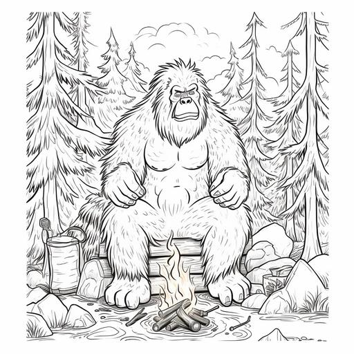 coloring page for kids, sasquatch by campfire, cartoon style, thick lines, low detail, no shading –ar 9:11