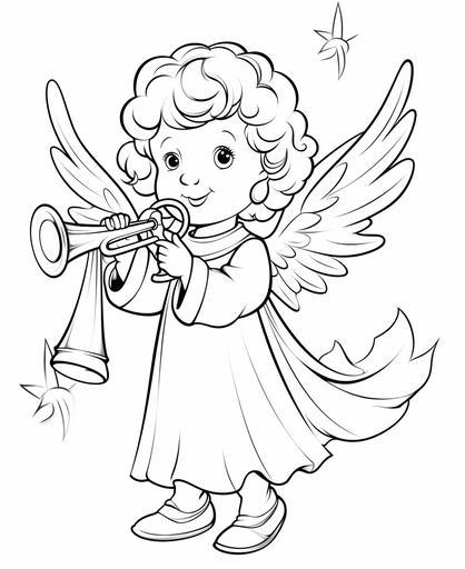 coloring page for kids, simple angel with a trumpet, cartoon style, thick lines, low detail, no shading --ar 9:11