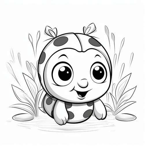 coloring page for kids, simple, baby ladybug, surrounded by nature, no shading, thick lines, cartoon style, no color, black and white