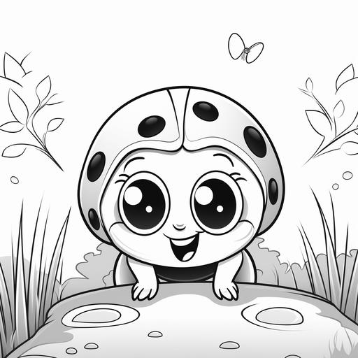 coloring page for kids, simple, baby ladybug, surrounded by nature, no shading, thick lines, cartoon style, no color, black and white