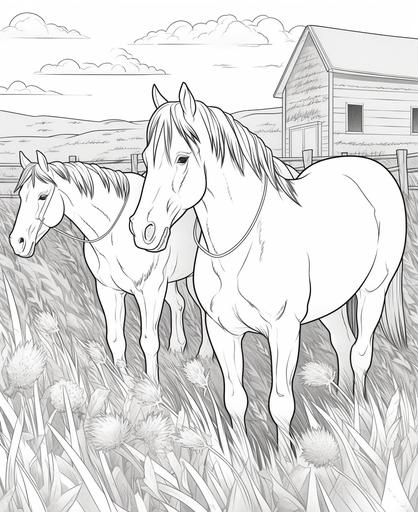 coloring page for kids, small herd of horses eating hay, on the plains of the usa, horses are relaxed and calm,cartoon style, thick lines, low detail, no shading --ar 9:11