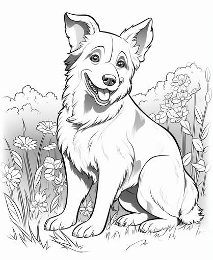 coloring page for kids, smiling Border Collie , cartoon style, thick line, low detailm no shading --ar 9:11