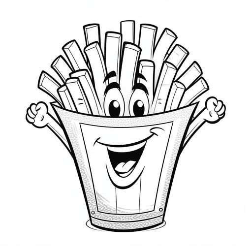 coloring page for kids, smiling french fries, cartoon style, thick lines, low detail, no shading--ar 9:11
