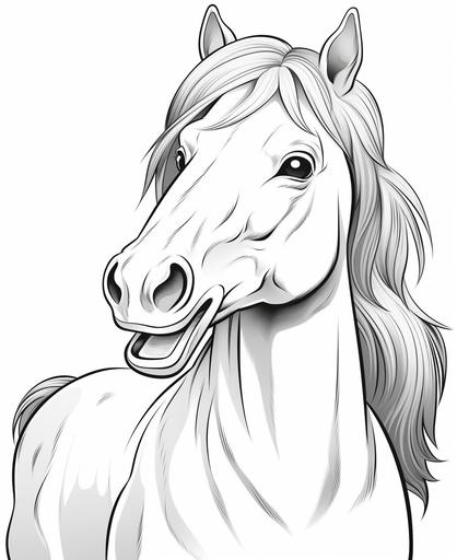 coloring page for kids, smiling horse, cartoon style, thick line, low detailm no shading --ar 9:11