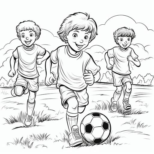 coloring page for kids, soccer players on field, cartoon style, thick lines, low details, no shading