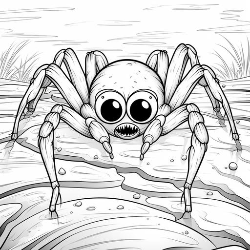 coloring page for kids, spider on a web, cartoon style, thick lines, low detail, no shading--ar 9:11