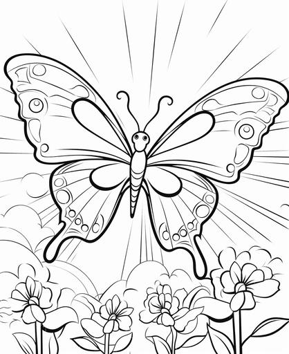 coloring page for kids, sunny day with butterfly, cartoon style, flat graphic design, thick lines, low detail, no shading, white background --ar 9:11