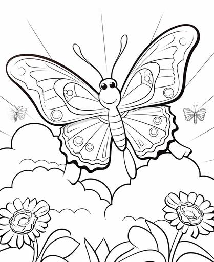 coloring page for kids, sunny day with butterfly, cartoon style, flat graphic design, thick lines, low detail, no shading, white background --ar 9:11