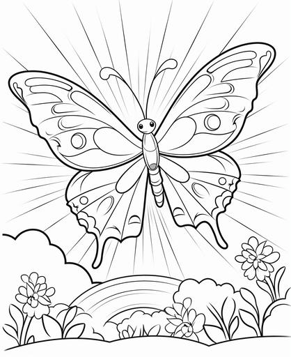 coloring page for kids, sunny day with butterfly, cartoon style, flat graphic design, thick lines, low detail, no shading, white background --ar 9:11