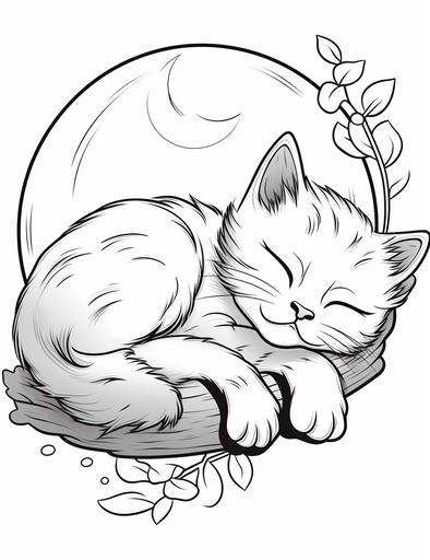 coloring page for kids, super cute sleeping cat, cartoon style, moderate detail, no shading, thick lines, black and white, white background --ar 85:110