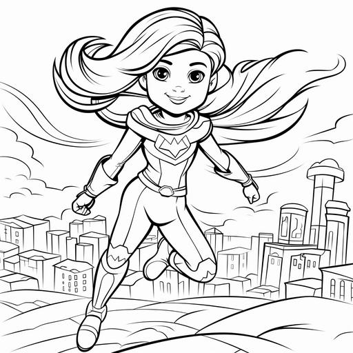 coloring page for kids, super hero girl, cartoon style, thick lines, low detail, no shading