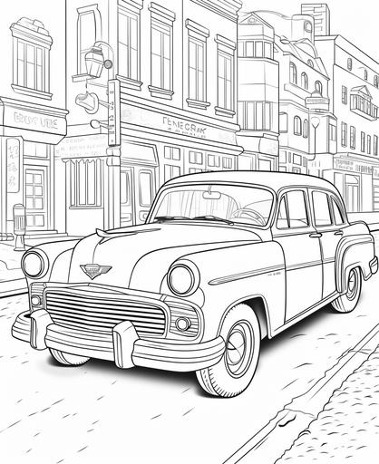 coloring page for kids, taxi, cartoon style, thick line, low detail, no shading --ar 9:11