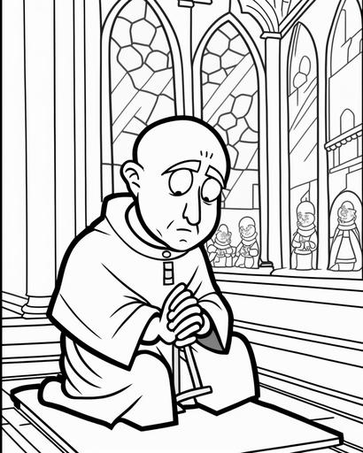 coloring page for kids, the pope praying in a church, cartoon style, thick lines, black and white only, no grey, low detail, no shading, --ar 9:11