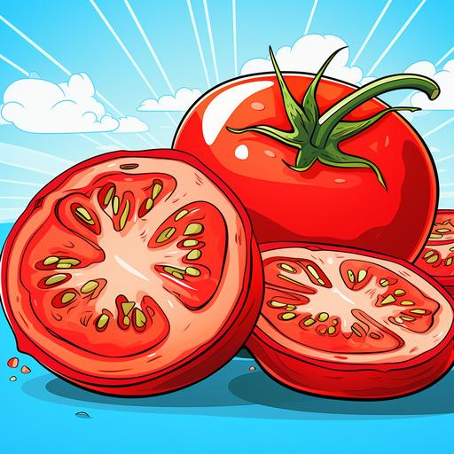 coloring page for kids, tomato and tomatoe slices, cartoon style, thick lines, low detail, no shading ar 9:11