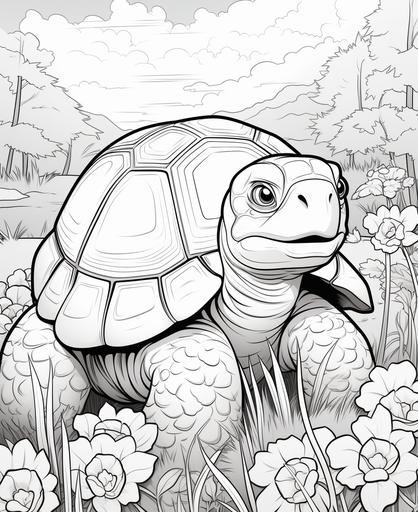 coloring page for kids, tortoise, cartoon style, thick lines, low detail, no shading --ar 9:11
