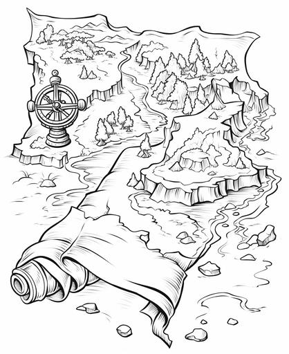 coloring page for kids, treasure map, cartoon style, thick lines, low detail, no shading --ar 9:11
