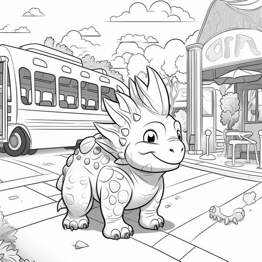 /coloring page for kids, triceratops waiting for the bus, cartoon style, thick lines, low detail, no shading 9:11
