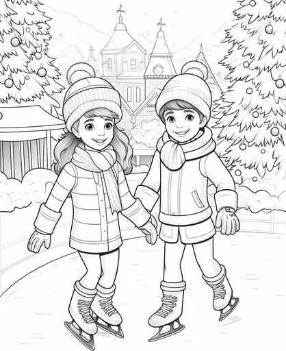 coloring page for kids, two kids ice skating christmas, cartoon style, thick lines, low detail, no shading --ar 9:11