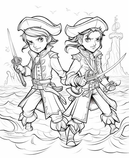 coloring page for kids, two pirates dueling with swords on a dramatic seashore, cartoon style, thick lines, low detail, no shading --ar 9:11