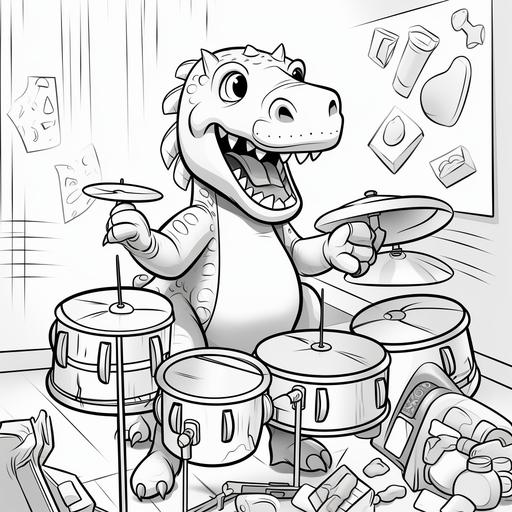 coloring page for kids, tyrannosaurus rex in a room playing drums, cartoon style, thick lines, low detail, no shading 9:11