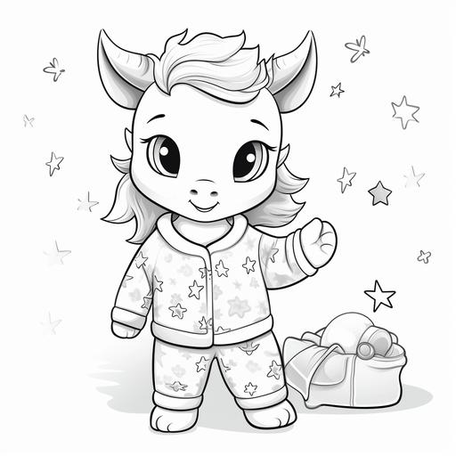 coloring page for kids, unicorn in pajamas, cartoon style, thick lines,black and white, low detail, no shading - ar 9:11