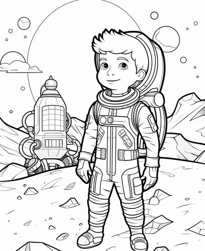 coloring page for kids, very cute astronaut boy standing beside his rocket ship, cartoon style, thick lines, low detail, no shading, no colour --ar 9:11