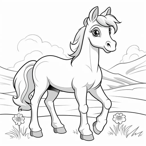 coloring page for kids, very simple line, all in white, cartoon horse standing with a smile, kawai style