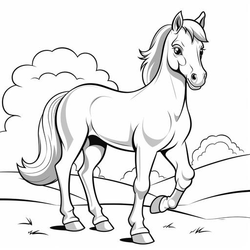 coloring page for kids, very simple line, all in white, cartoon horse standing with a smile, kawai style