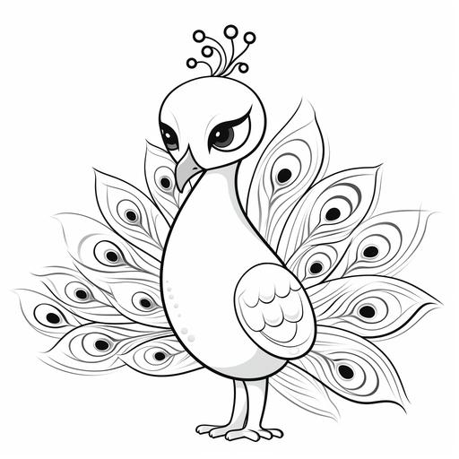 coloring page for kids, very simple line, all white, a peacock, cartoon, kawai style