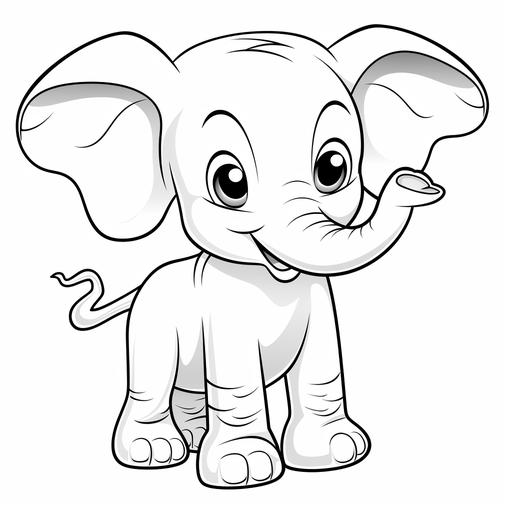 coloring page for kids, very simple line, all white, an elephant, cartoon, kawai style