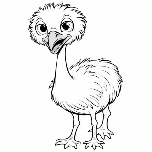 coloring page for kids, very simple line, all white, ostrich, cartoon, kawai style