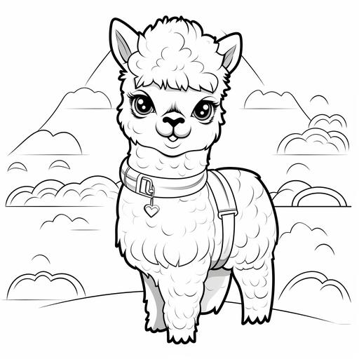 coloring page for kids, very simple line, zero color, cartoon alpaca standing with a smile, kawai style