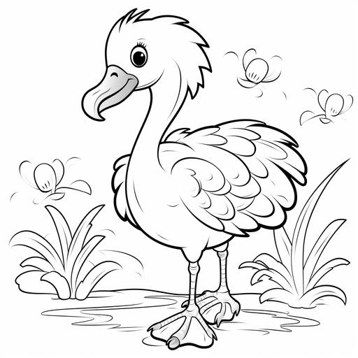 coloring page for kids, very simple line, zero color, cartoon flamingo standing with a smile, kawai style