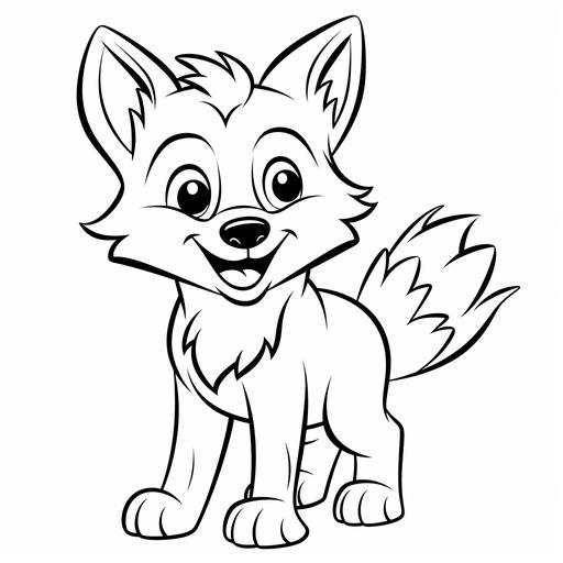 coloring page for kids, very simple line, zero colors, cartoon wolf standing with a smile, kawai style