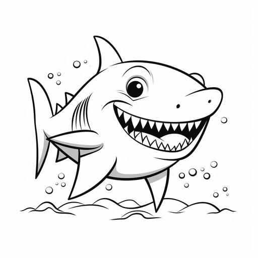 coloring page for kids, very simple line, zero colors, cartoon shark standing with a smile, kawai style