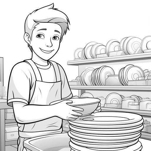 coloring page for kids, washing plates, cartoon style, thick lines, low detail, no shading ar 9:11