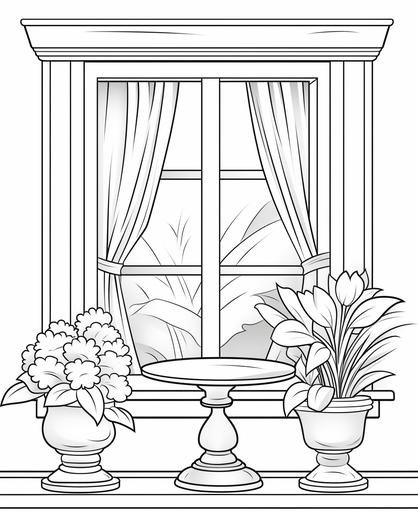 coloring page for kids, window, cartoon stlye, thick line, low detail, no shading --ar 9:11