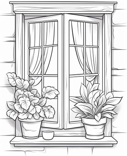 coloring page for kids, window, cartoon stlye, thick line, low detail, no shading --ar 9:11