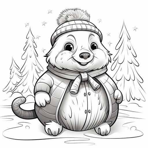 coloring page for kids, winter, snow, a very cute little magical mole creature, cartoon style, thick lines, low detail, no shading 9 : 11