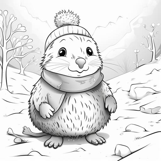 coloring page for kids, winter, snow, a very cute little magical mole creature, cartoon style, thick lines, low detail, no shading 9 : 11