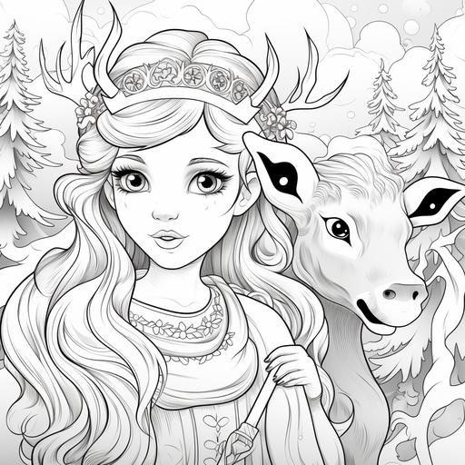 coloring page for kids, winter, snow, deer and female deer, lovely moon, cartoon style, thick lines, low detail, no shading 9 : 11
