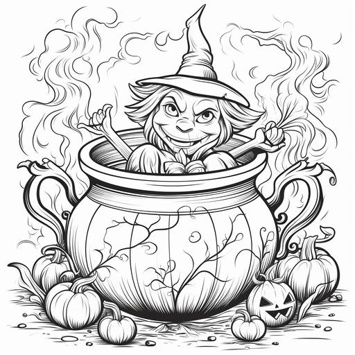 coloring page for kids, witch stiring pot, cartoon style, thick lines, low detail, no shadow-- ar 9:11