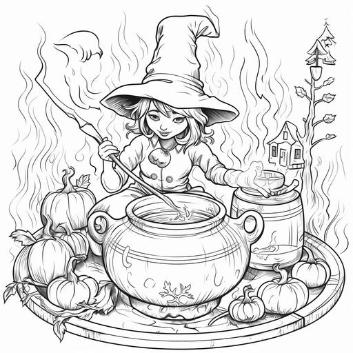 coloring page for kids, witch stiring pot, cartoon style, thick lines, low detail, no shadow-- ar 9:11